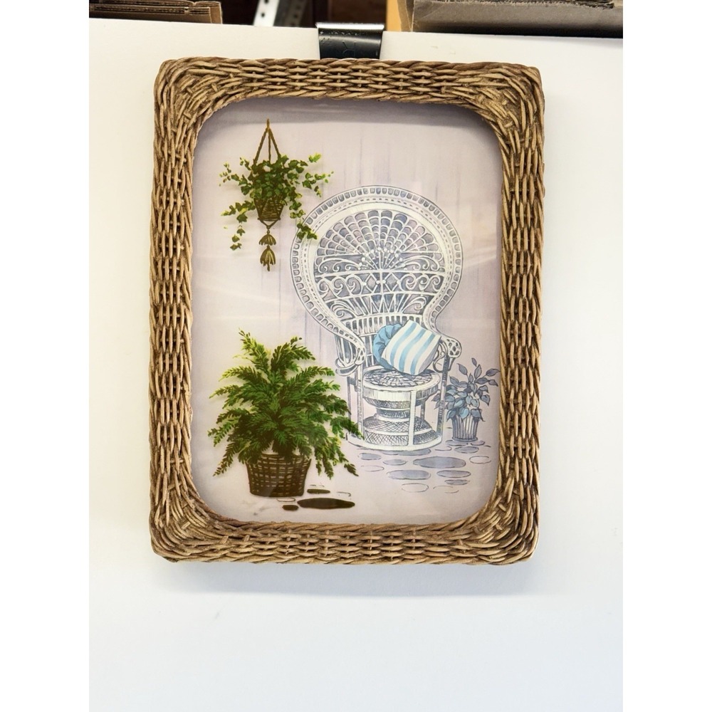 Rattan Resin Framed Reverse Painting Ferns Peacock Wicker Chair Art Retro Boho